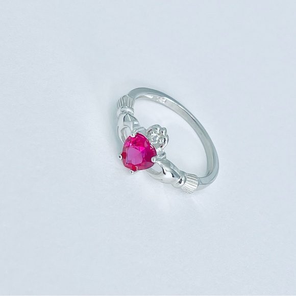 Sterling Silver Ruby CZ Heart Claddagh Ring, Silver Rings, July Birthstone, - Picture 3 of 12